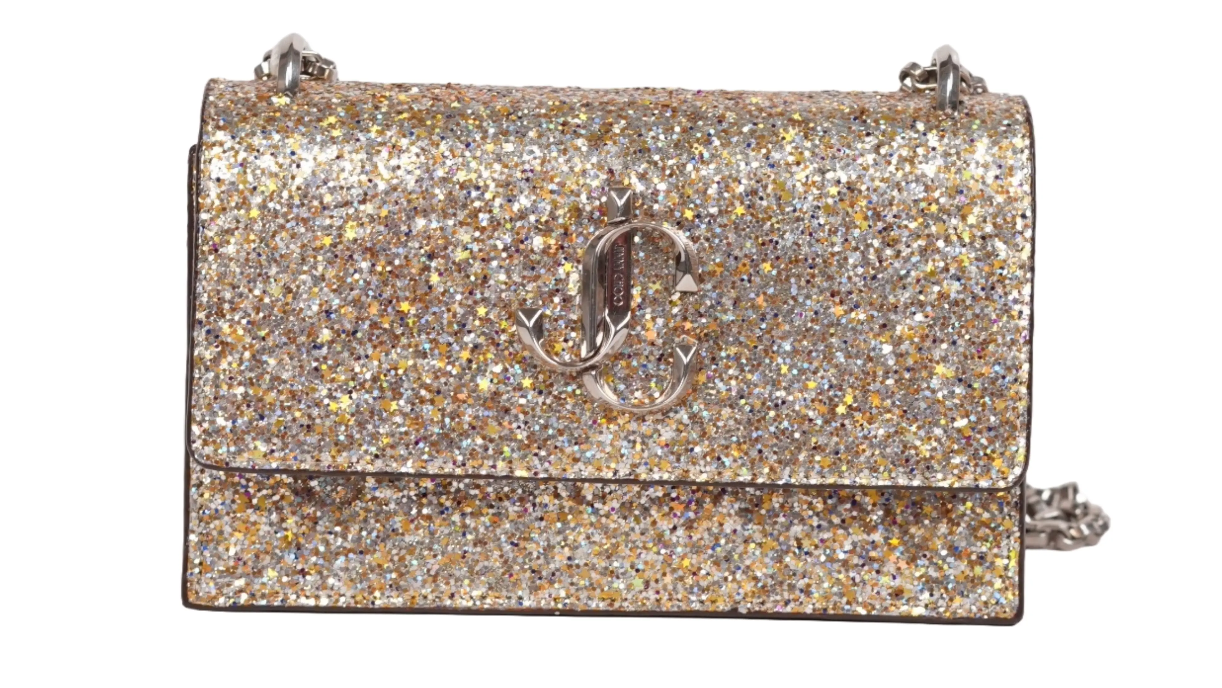 Before Jimmy Choo handbag custom metallic glitter transformation showing worn finish and fading sparkle