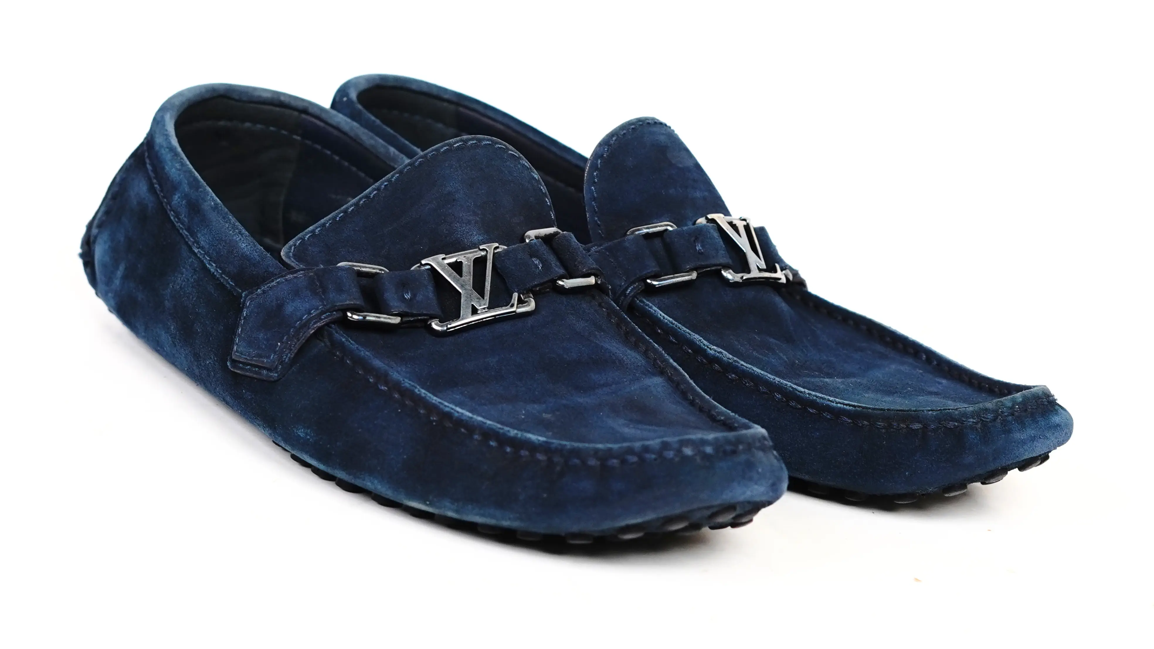 Before Louis Vuitton suede moccasins restoration faded suede with uneven tone and surface dullness