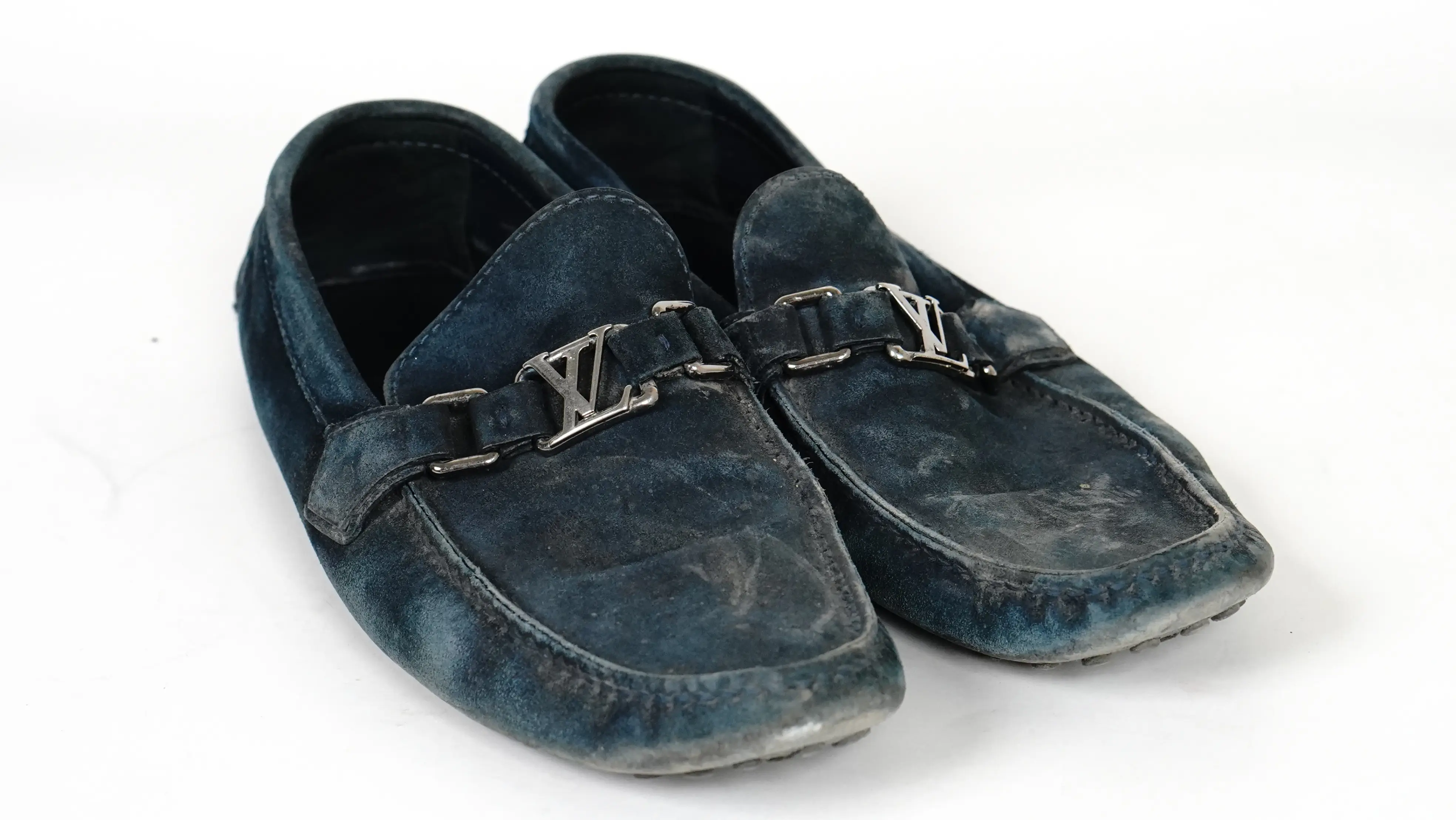 After Louis Vuitton suede moccasins restoration rich, even colour with restored nap and texture