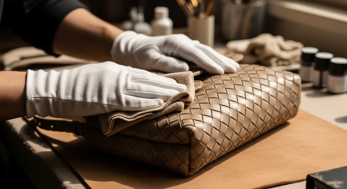 Cleaning a Bottega Veneta Intrecciato leather bag at home using a soft cloth and neutral cleaner