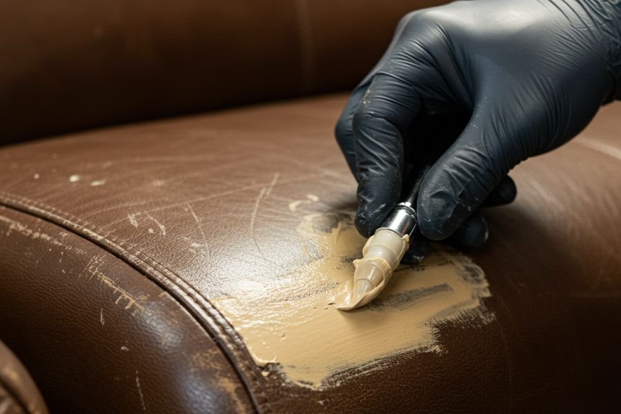 Crack filling on a luxury leather sofa