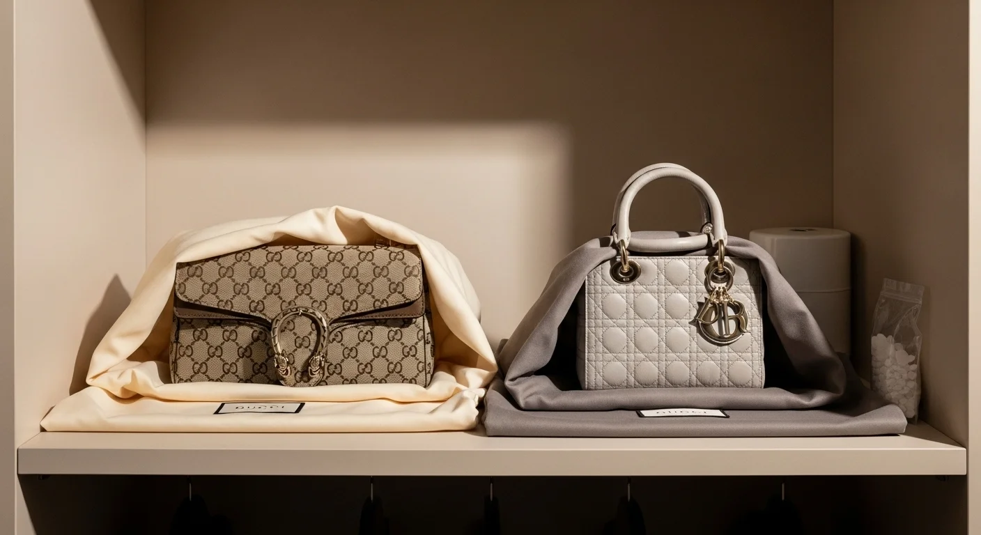Gucci and Dior handbags stored correctly inside breathable cotton dust bags to prevent colour transfer