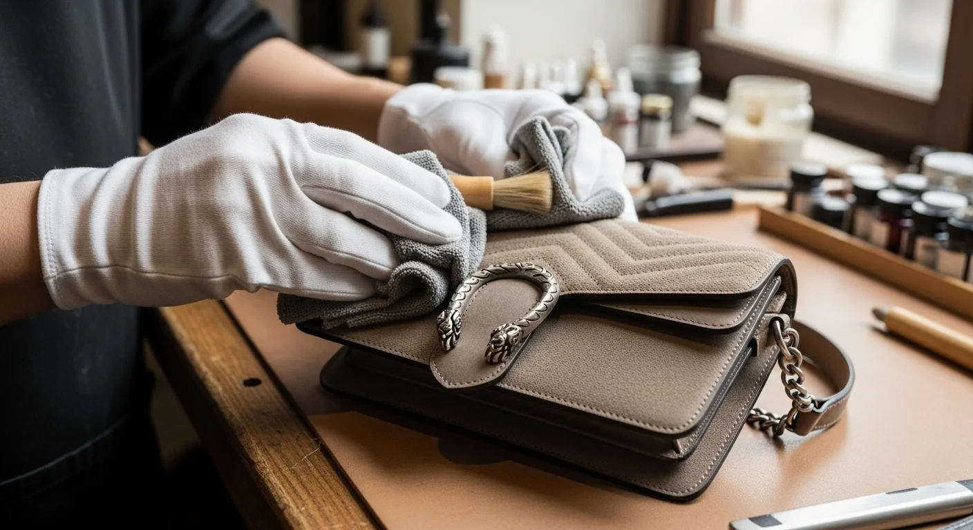 Cleaning Gucci GG canvas and leather handbag at home with microfiber cloth