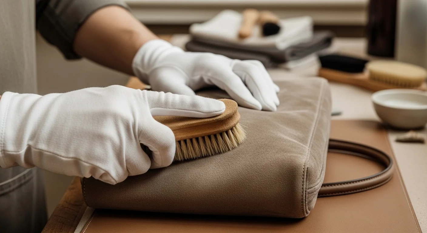 Removing stains from a suede leather handbag using soft suede brush and cleaning block
